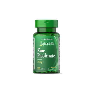 A green bottle of Puritan's Pride Zinc Picolinate 25 mg, with 100 caplets, supports the immune system.
